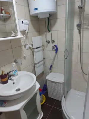 a small bathroom with a shower and a sink at Kopaonik,Sunčana dolina,Apart-Pavlovic in Kopaonik