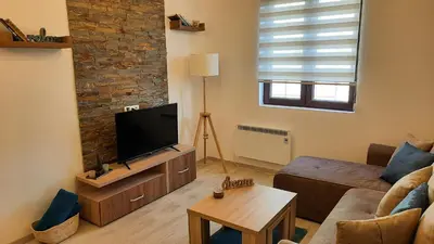 a living room with a couch and a flat screen tv at Apartman Ema in Kopaonik
