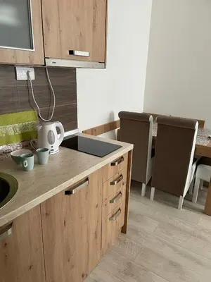 a kitchen with wooden cabinets and a table with chairs at Kraljevi Konaci -Apartmani Bajka in Kopaonik