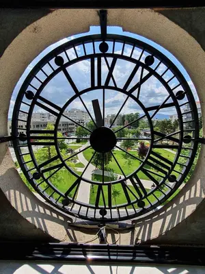 a view of a window in a clock tower at Alo Alo Apartman 6 in Kruševac