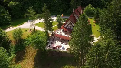 an overhead view of a large house with trees at Idila in Kruševac