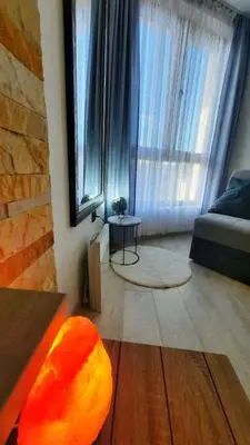 a living room with a bed and a large window at MIPS Milmari Resort Kopaonik in Kopaonik