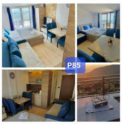 a collage of pictures of a living room and dining room at MIPS Milmari Resort Kopaonik in Kopaonik