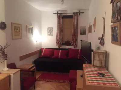 a living room with a black couch and red pillows at Vila Boris, Apartman Aleksej - Kopaonik in Kopaonik