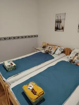 two beds sitting next to each other in a room at Apartman Domina in Kruševac