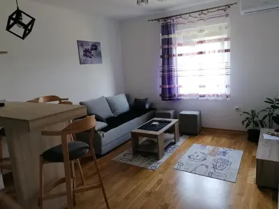 a living room with a couch and a table at Apartman San in Vrnjačka Banja
