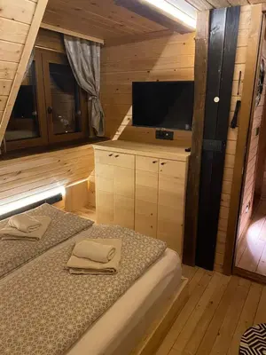 a bedroom with two beds and a flat screen tv at K2 Chalet in Kopaonik