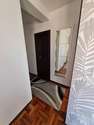 a hallway with a door and a mirror in a room at Lux Apartman Ristić 1 in Soko Banja