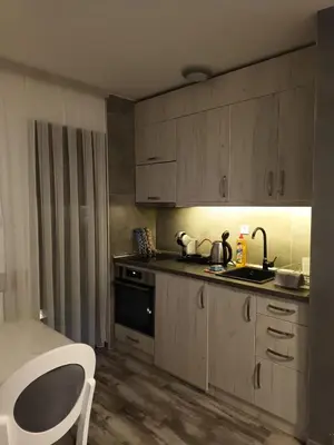 a kitchen with wooden cabinets and a sink and a stove at Vila Rajski kutak Kopaonik in Kopaonik