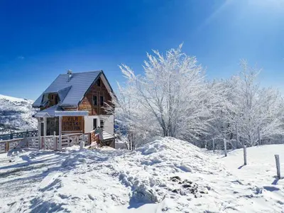a house covered in snow with trees in the background at Vila Rajski kutak Kopaonik in Kopaonik