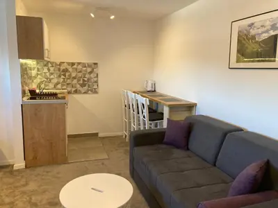 a living room with a couch and a small kitchen at Vuk & Sofija Apartmani in Kopaonik