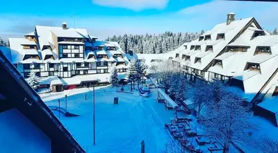 a resort in the snow with snow covered buildings at Vuk & Sofija Apartmani in Kopaonik