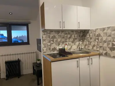 a kitchen with white cabinets and a sink at Vuk & Sofija Apartmani in Kopaonik
