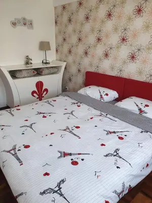 a bedroom with a bed with a bedspread with weapons on it at Lux Apartman Ristić 2 in Soko Banja