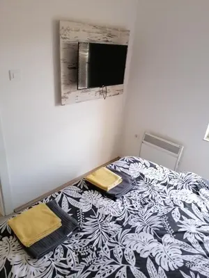 a bedroom with a bed with a black and white comforter at Apartman Div Kopaonik in Kopaonik