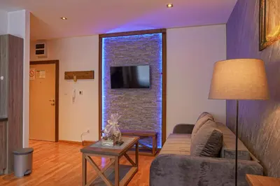a living room with a couch and a tv on a brick wall at FeelSTONE apartmani Brzeće in Brzeće