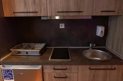 a kitchen counter with a sink and a sink at FeelSTONE apartmani Brzeće in Brzeće