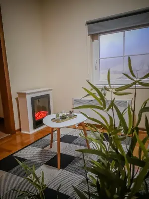 a living room with a table and a fireplace at STAR apartman Brzece Kopaonik in Brzeće