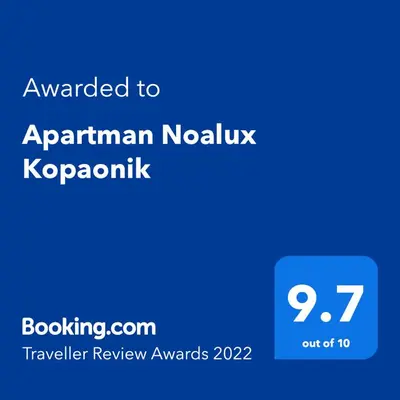 a blue screen with the text awarded to aprilan novok kroc at Apartman Noalux Kopaonik in Kopaonik