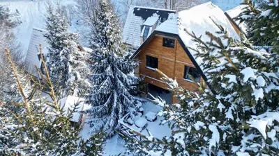 a log cabin in the snow with trees at Kežman Mountain Houses in Kopaonik