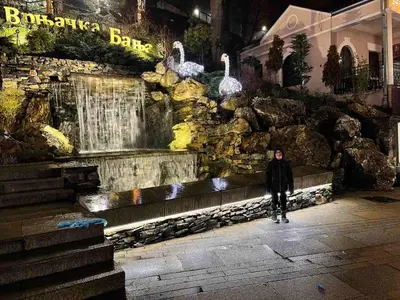 a person standing in front of a fountain with swans at Apartman Nikola- 4 ZVEZDICE minimalno 3 nocenja za rezervaciju in Vrnjačka Banja