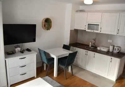 a small kitchen with a white table and a tv at Vila Irina Kopaonik in Kopaonik