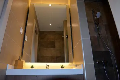 a bathroom with a shower and a sink with a mirror at Apartman SREBRNA PAHULjA-Konaci in Kopaonik