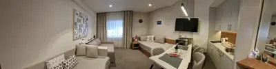 a living room with a couch and a tv at Apartman SREBRNA PAHULjA-Konaci in Kopaonik