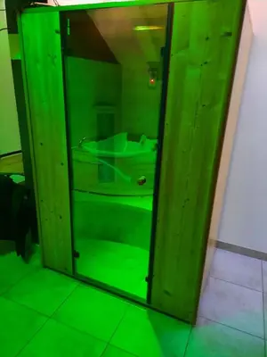 a green bathroom with a mirror in a room at Apartmani Tajna in Paraćin