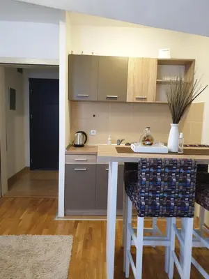 a kitchen with a counter and a table with chairs at Talija Apartman in Vrnjačka Banja