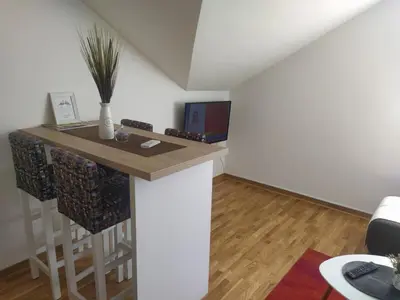 a living room with a bar in the middle of a room at Talija Apartman in Vrnjačka Banja
