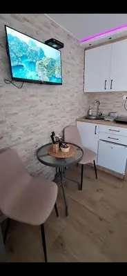 a kitchen with a table and chairs and a tv at Apartman Živković in Leskovac