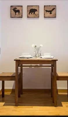 a wooden table with two benches in front of a wall at Apartman Davidović in Brzeće