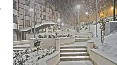 a snow covered courtyard with stairs and plants at Apartman Davidović in Brzeće