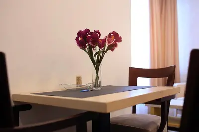 a vase of flowers sitting on top of a table at Bella apartments in Kruševac