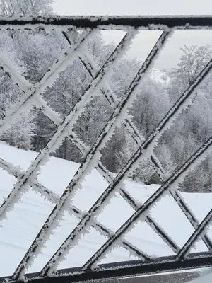 a snow covered window with trees in the background at PRESIDENT KOP A-1 in Kopaonik