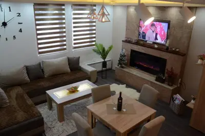 a living room with a couch and a fireplace at Apartman Kalina Suncani Breg in Kopaonik