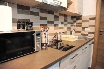 a kitchen counter with a microwave and a sink at Apartman Kalina Suncani Breg in Kopaonik