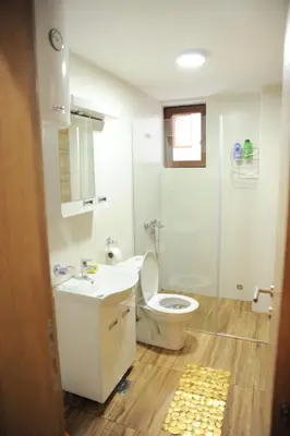a bathroom with a toilet and a sink and a shower at Apartman Kalina Suncani Breg in Kopaonik