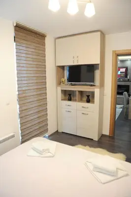 a bedroom with a bed with a tv and a tvicterictericterictericter at Apartman Kalina Suncani Breg in Kopaonik
