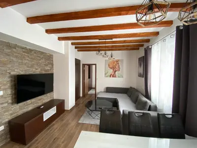 a living room with a couch and a tv at Apartman 24 - Vila Montana Kopaonik in Kopaonik