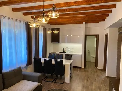 a kitchen and living room with a table and chairs at Apartman 24 - Vila Montana Kopaonik in Kopaonik