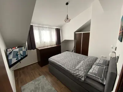 a bedroom with a bed and a flat screen tv at Apartman 24 - Vila Montana Kopaonik in Kopaonik