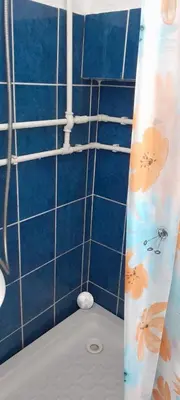 a shower curtain in a bathroom with blue tiles at Snezana home in Vranje