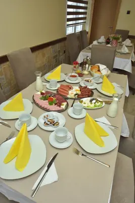 a long table with white plates and yellow napkins at Lužnjanin restoran i sobe in Jošanička Banja