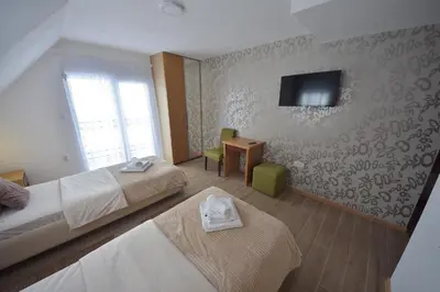 a hotel room with two beds and a tv on the wall at Lužnjanin restoran i sobe in Jošanička Banja