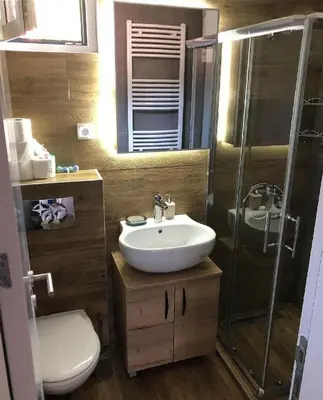 a bathroom with a sink and a shower and a toilet at Soko lux apartman in Kopaonik
