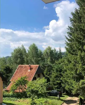a house with a red roof and a car parked in front at Soko lux apartman in Kopaonik