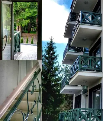 a collage of pictures of a building with stairs at Soko lux apartman in Kopaonik