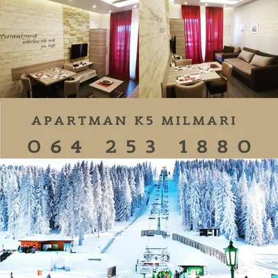 a collage of two pictures of a restaurant with christmas trees at Apartman K5 Milmari Resort in Kopaonik